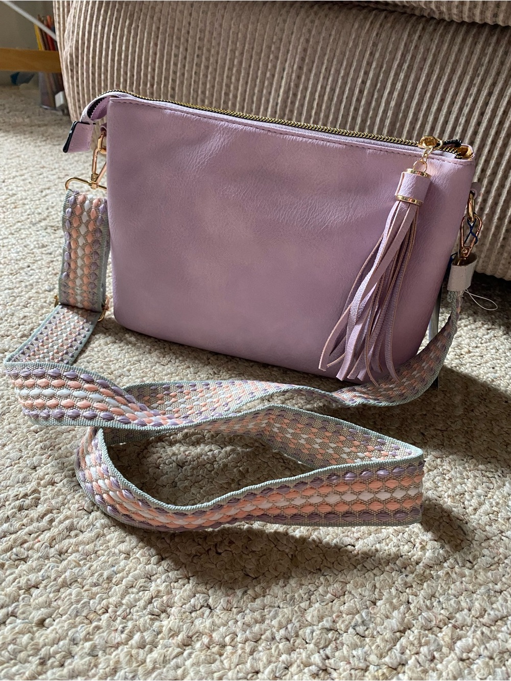 DS Lavender Tassel Crossbody Bag with Woven Strap